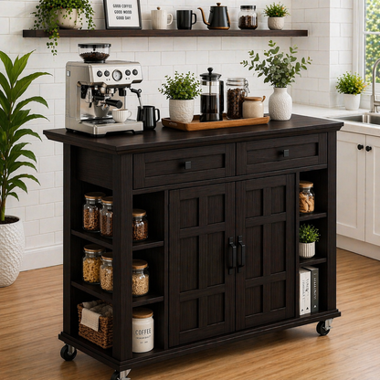 Solid Wood Kitchen Island Cart – Walnut Coffee Station with Storage Shelves