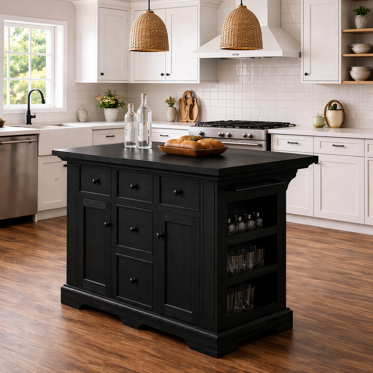 Solid Wood Kitchen Island with Storage Drawers – Farmhouse Kitchen Cabinet