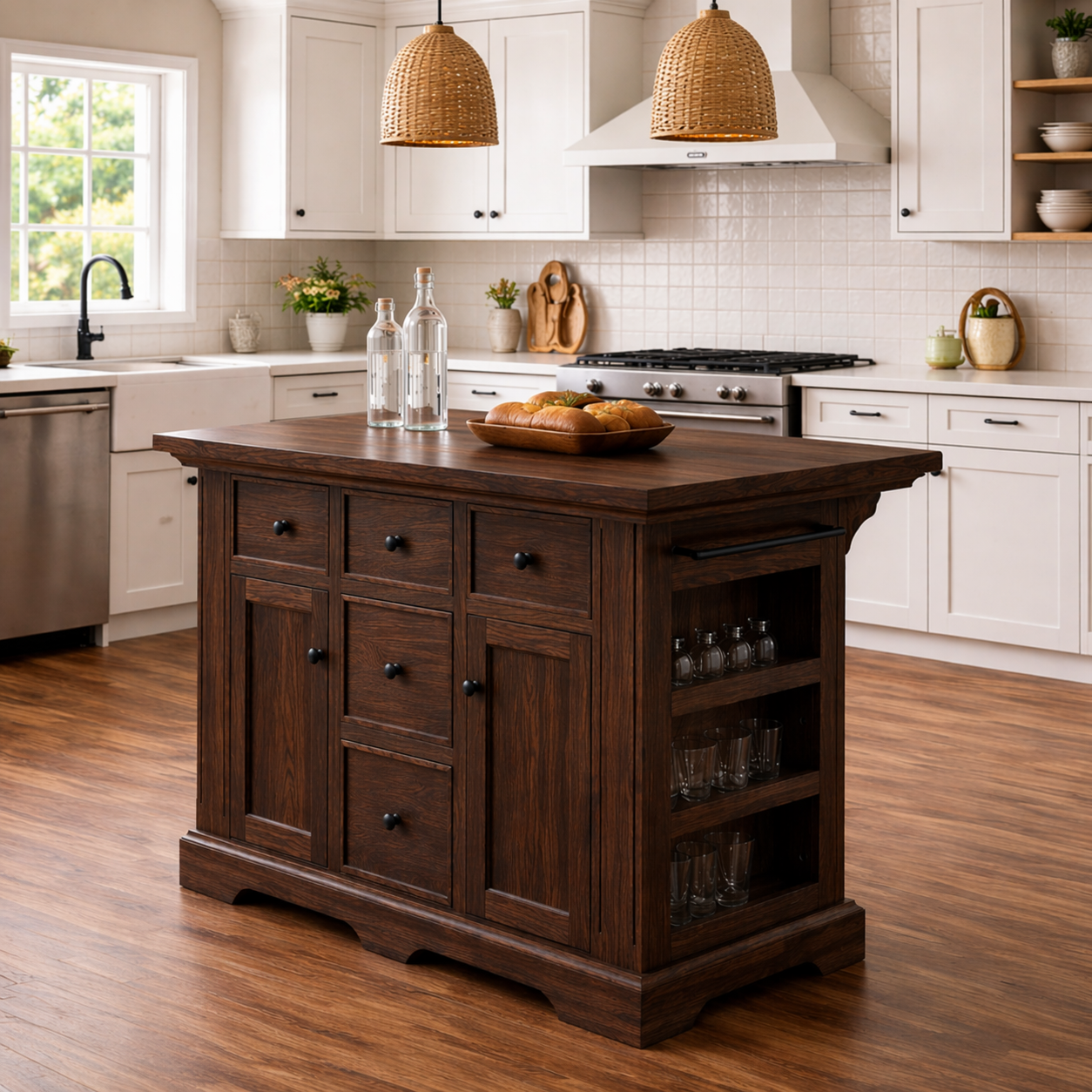 Solid Wood Kitchen Island with Storage Drawers – Farmhouse Kitchen Cabinet