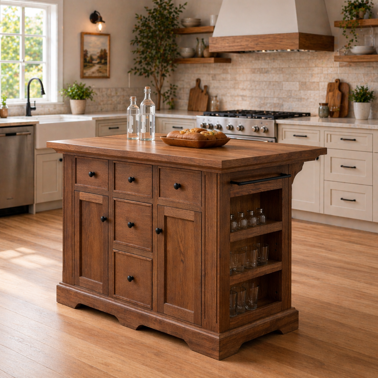 Solid Wood Kitchen Island with Storage Drawers – Farmhouse Kitchen Cabinet