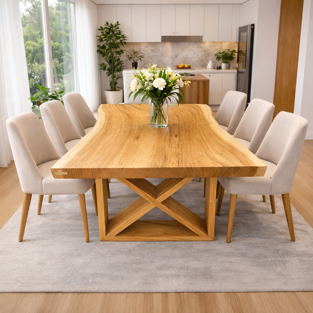 Solid Walnut Dining Table with Sculptural X Base – Modern Farmhouse Wood Table