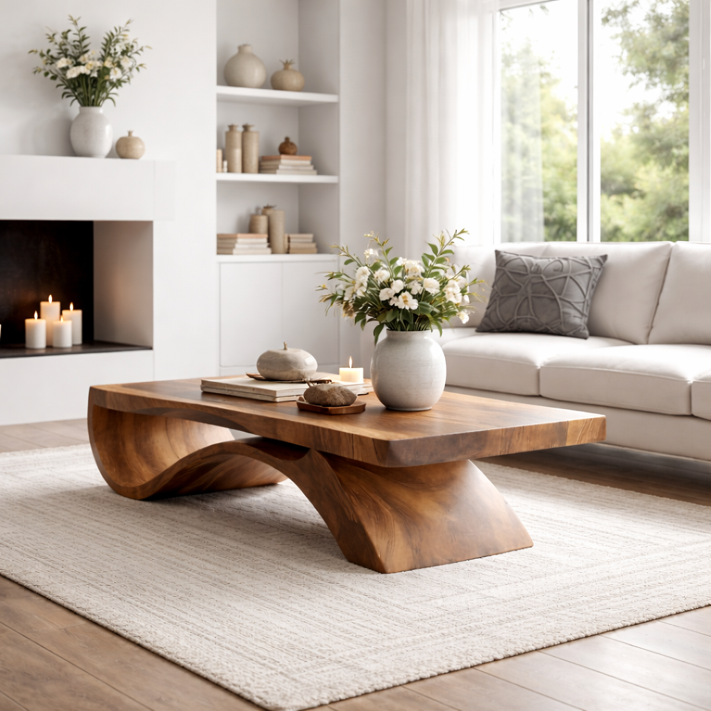 Solid Wood Coffee Table with Sculptural Base and Thick Slab Top
