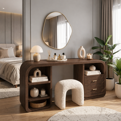 Solid Wood Makeup Vanity Desk with Rounded Design and Drawer Storage