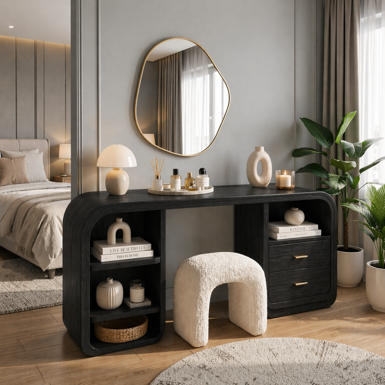 Solid Wood Makeup Vanity Desk with Rounded Design and Drawer Storage