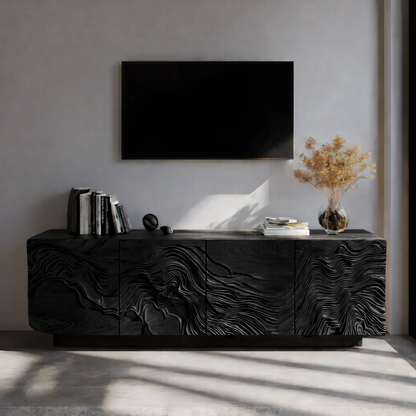 Solid Wood TV Stand with Carved Wave Design Modern Oak Media Console with Storage