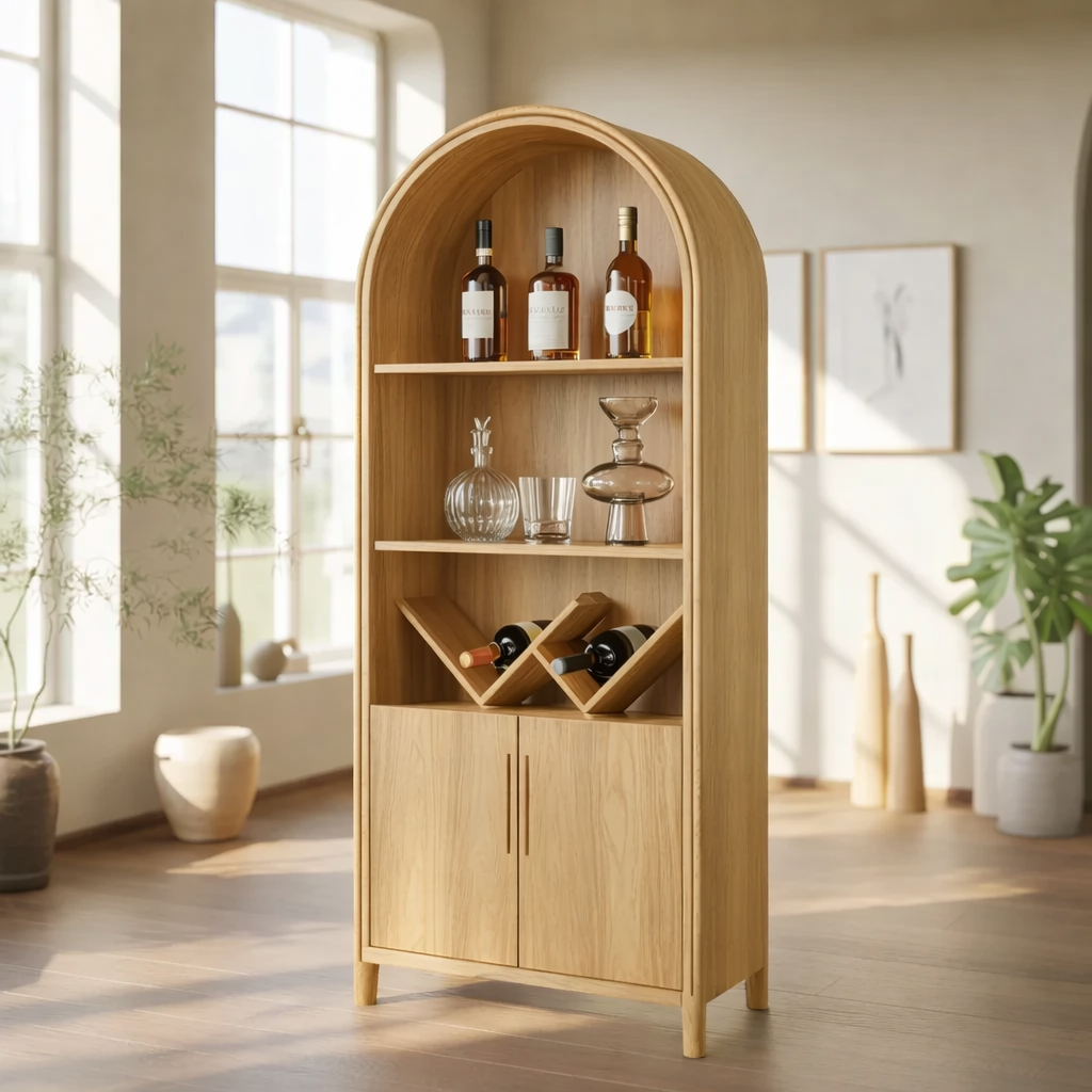 Handcrafted Solid Wood Wine Cabinet Arched Display Shelf Mid Century Modern Bar Storage Furniture