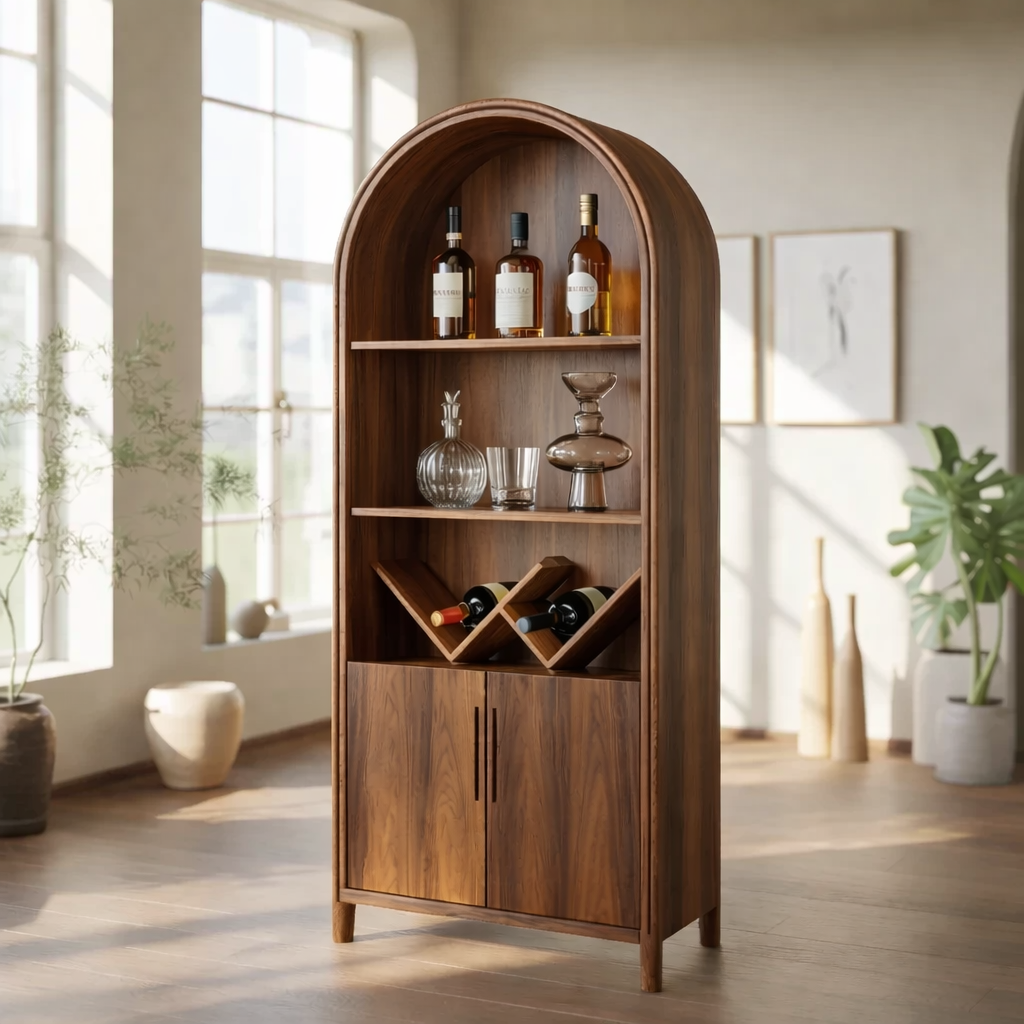 Handcrafted Solid Wood Wine Cabinet Arched Display Shelf Mid Century Modern Bar Storage Furniture