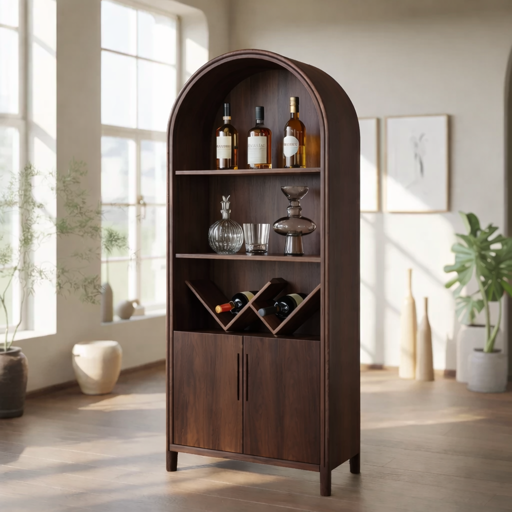 Handcrafted Solid Wood Wine Cabinet Arched Display Shelf Mid Century Modern Bar Storage Furniture