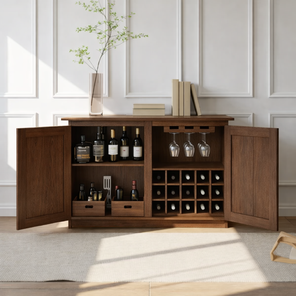 Handcrafted Solid Wood Wine Cabinet Sideboard with Glass Rack Mid Century Bar Storage