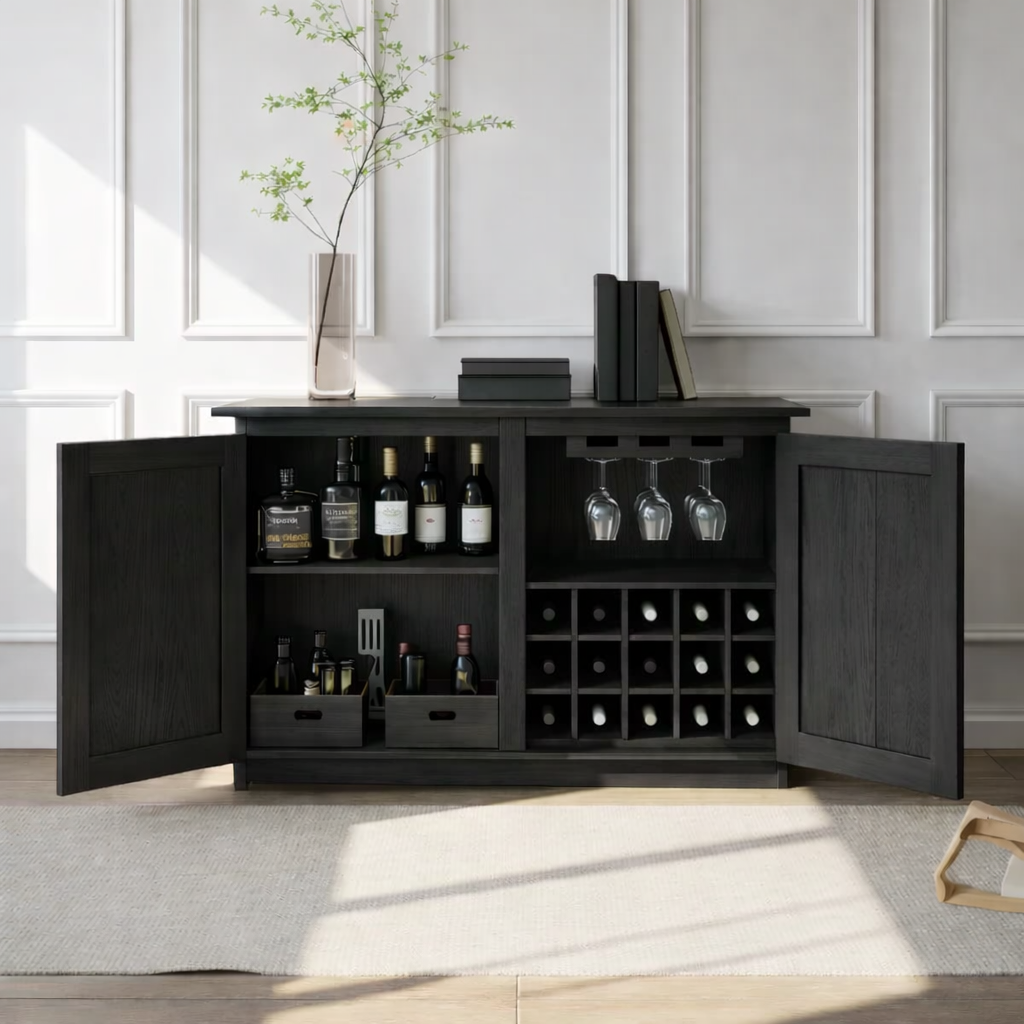 Handcrafted Solid Wood Wine Cabinet Sideboard with Glass Rack Mid Century Bar Storage