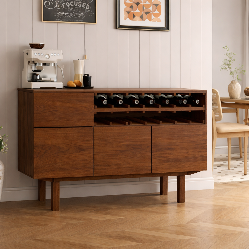 Handcrafted Solid Oak Wine Cabinet Mid Century Bar Sideboard with Bottle Rack Storage