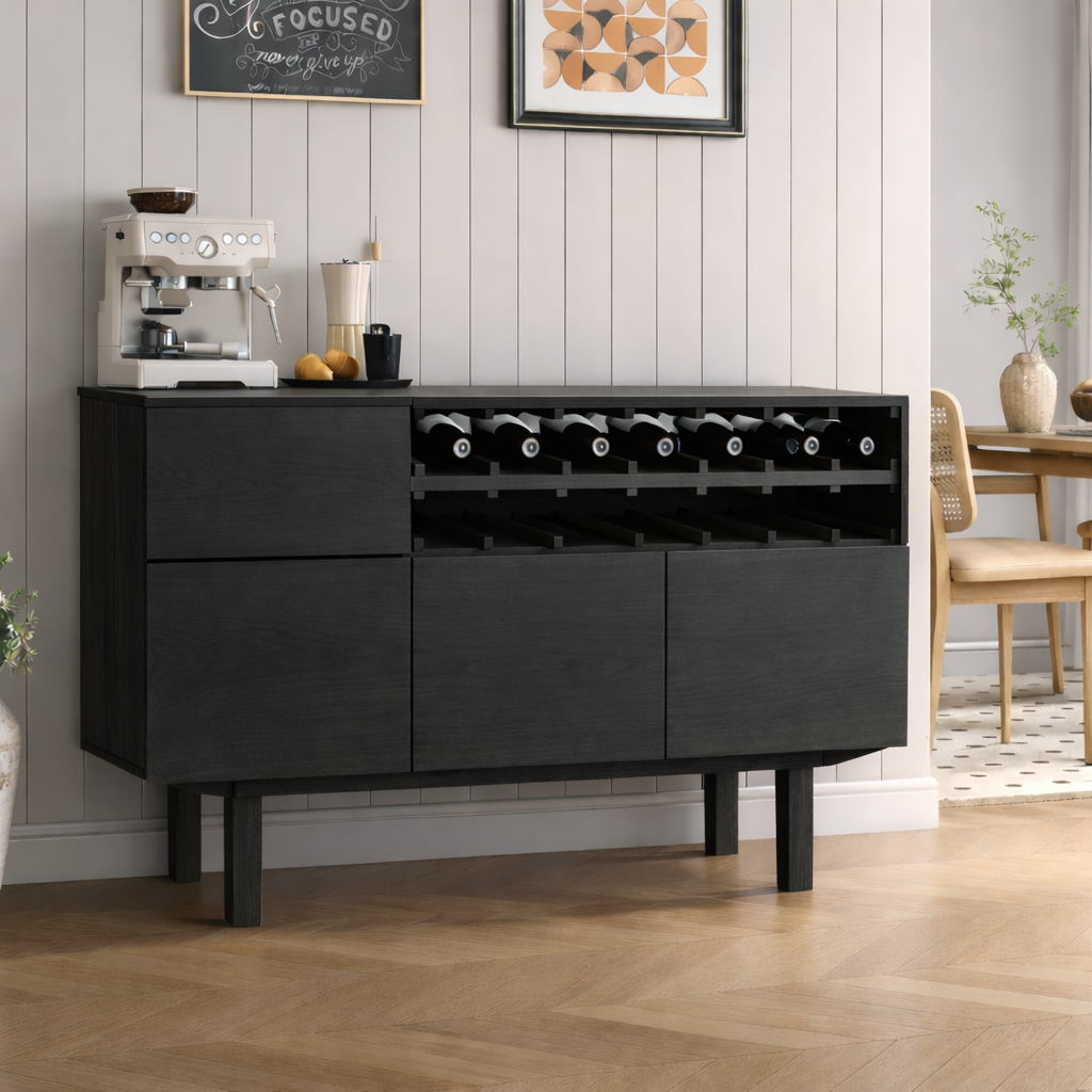 Handcrafted Solid Oak Wine Cabinet Mid Century Bar Sideboard with Bottle Rack Storage