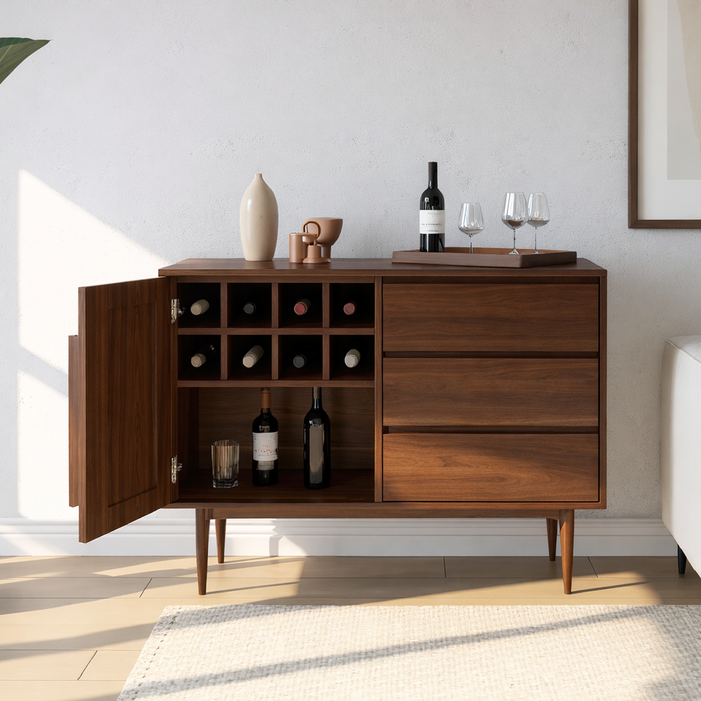 Handcrafted Solid Wood Wine Cabinet Mid Century Bar Sideboard with Drawers and Bottle Grid