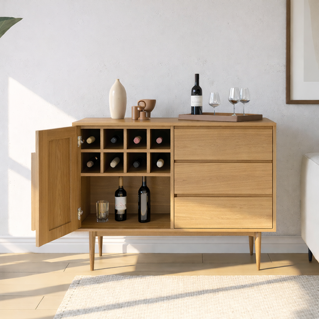Handcrafted Solid Wood Wine Cabinet Mid Century Bar Sideboard with Drawers and Bottle Grid
