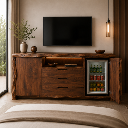 Zahara Solid Walnut Live Edge Buffet with Mini Fridge Compartment