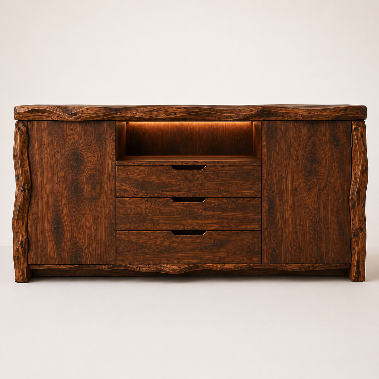 Zahara Solid Walnut Live Edge Buffet with Mini Fridge Compartment