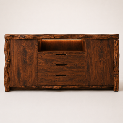 Zahara Solid Walnut Live Edge Buffet with Mini Fridge Compartment