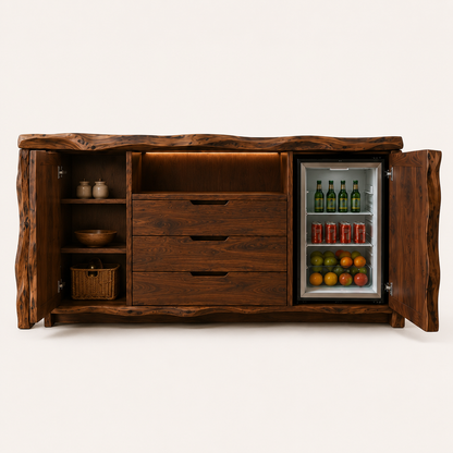Zahara Solid Walnut Live Edge Buffet with Mini Fridge Compartment