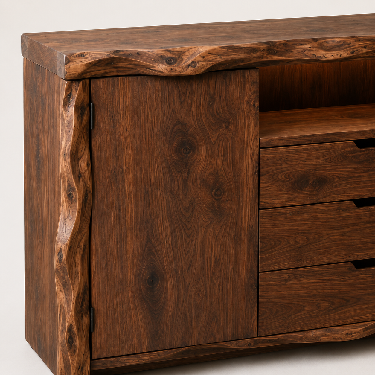 Zahara Solid Walnut Live Edge Buffet with Mini Fridge Compartment