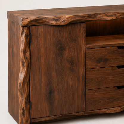 Zahara Solid Walnut Live Edge Buffet with Mini Fridge Compartment