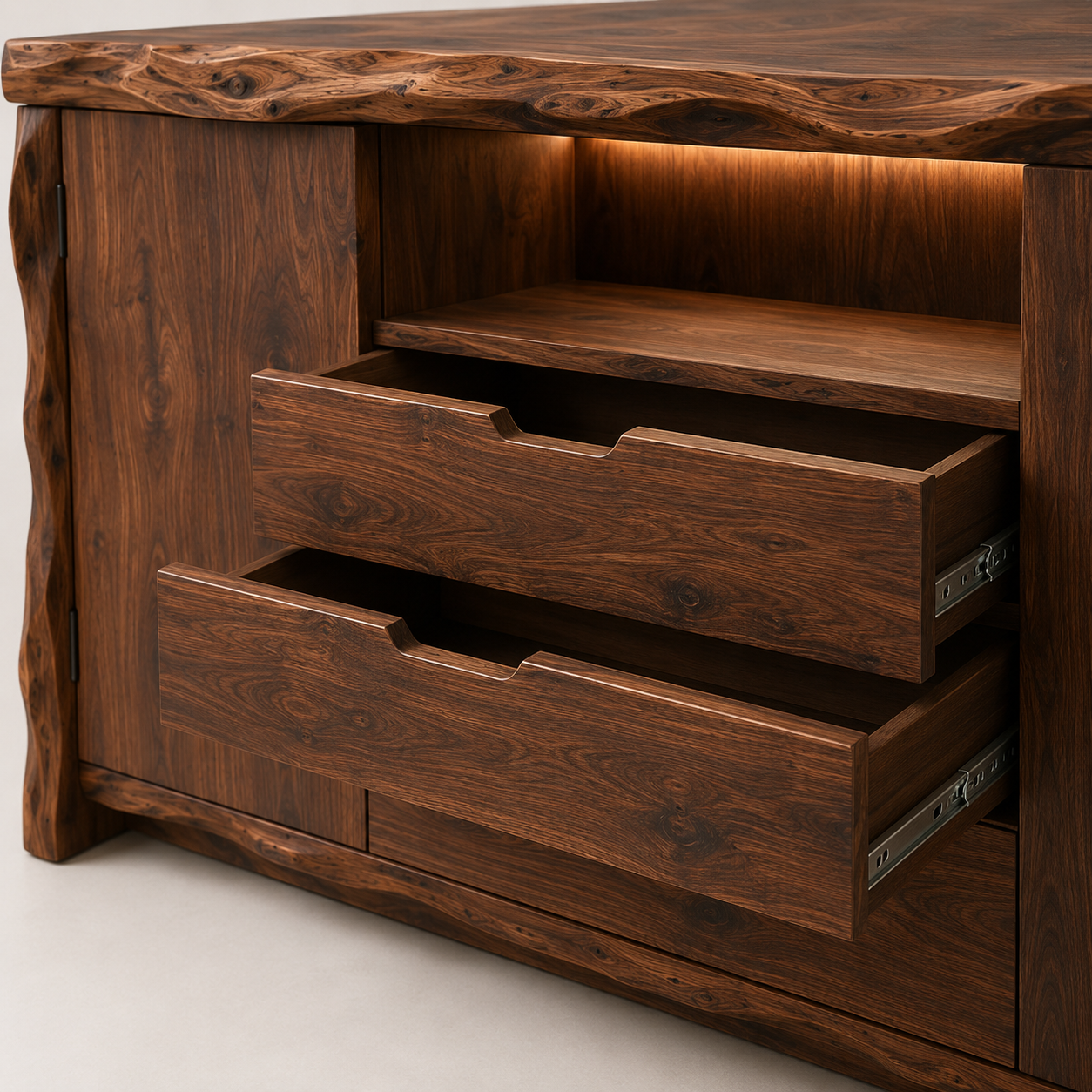 Zahara Solid Walnut Live Edge Buffet with Mini Fridge Compartment