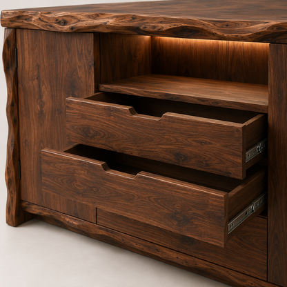 Zahara Solid Walnut Live Edge Buffet with Mini Fridge Compartment