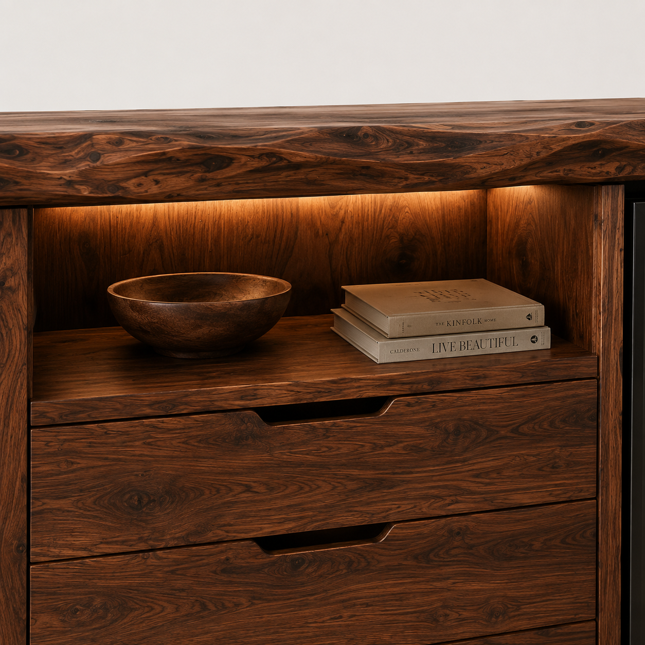 Zahara Solid Walnut Live Edge Buffet with Mini Fridge Compartment