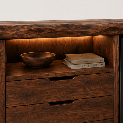 Zahara Solid Walnut Live Edge Buffet with Mini Fridge Compartment