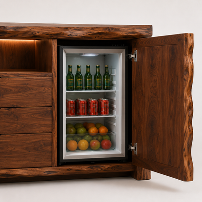 Zahara Solid Walnut Live Edge Buffet with Mini Fridge Compartment