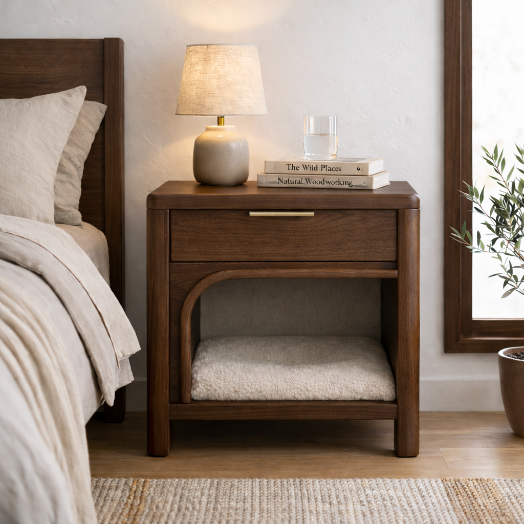 Solid Wood Nightstand with Built-in Cat Bed – Modern Bedside Table with Pet Sleeping Space Kitchnce