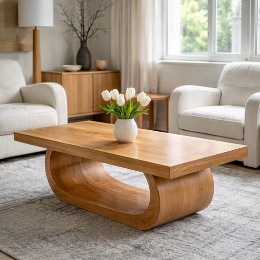 Solid Wood Coffee Table for Living Room with Curved Sculptural Base