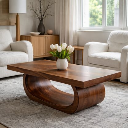 Solid Wood Coffee Table for Living Room with Curved Sculptural Base