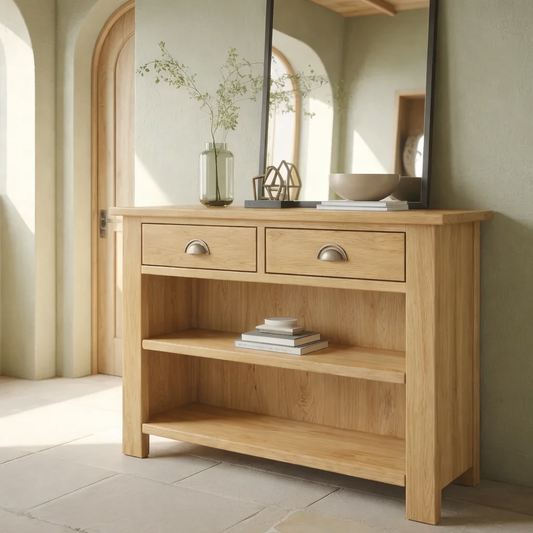 Solid Wood Console Table with Drawers and Shelves – Entryway Storage Console