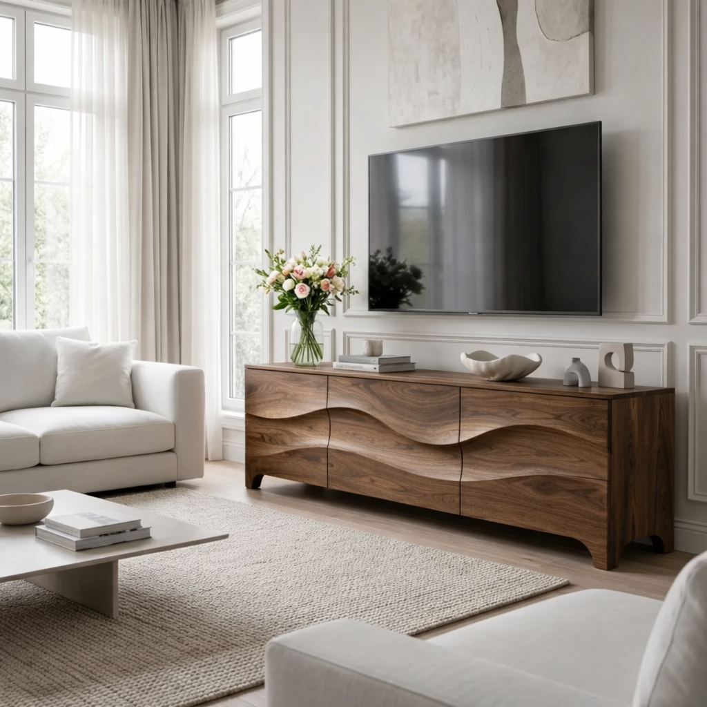 Modern Walnut Wave TV Stand – Sculpted Wood Media Console