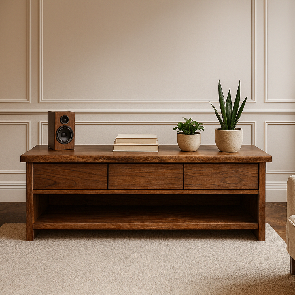 Handcrafted Solid Wood TV Stand – Minimalist Walnut Media Console with Drawers and Open Shelf Kitchnce