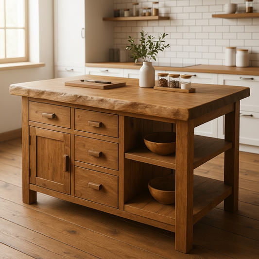 Rustic Solid Wood Kitchen Island with Storage Drawers and Open Shelving