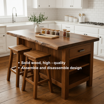 Solid Wood Kitchen Island with Seating, Drawer & Open Shelves – Rustic Modern
