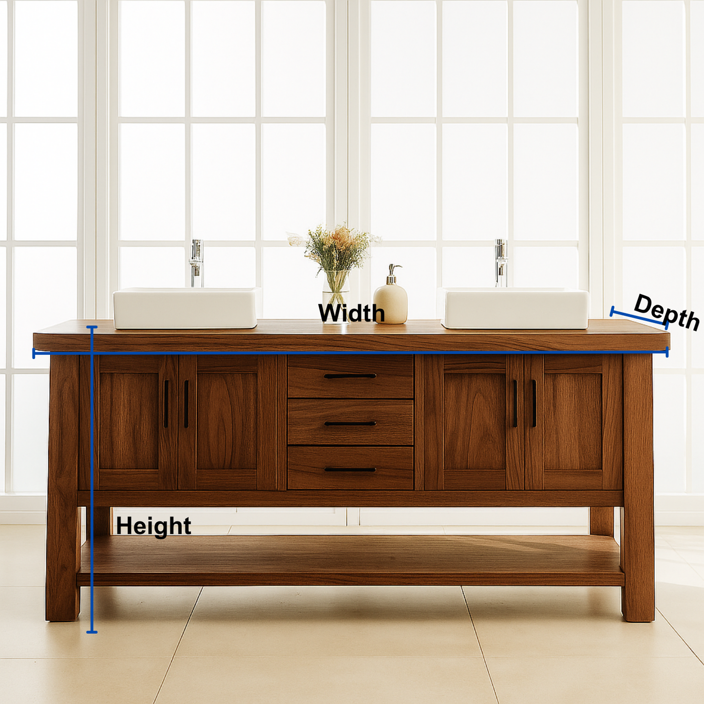 Solid Wood Double Bathroom Vanity with Drawers, Cabinets & Open Shelf