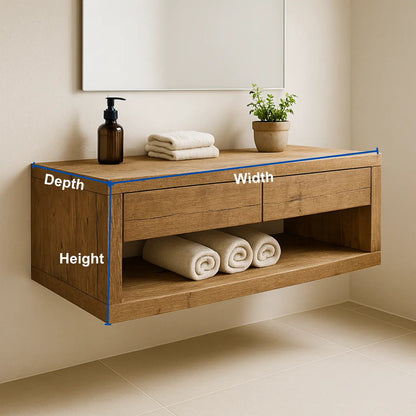 Handcrafted Solid Wood Floating Vanity – Rustic Oak Wall-Mounted Bathroom Cabinet with Drawers and Shelf Kitchnce