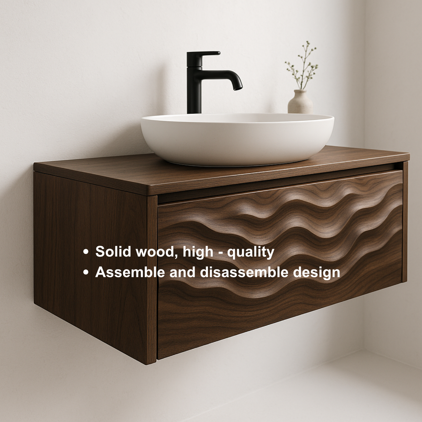 Floating Solid Wood Bathroom Vanity with Sculpted Wave Front