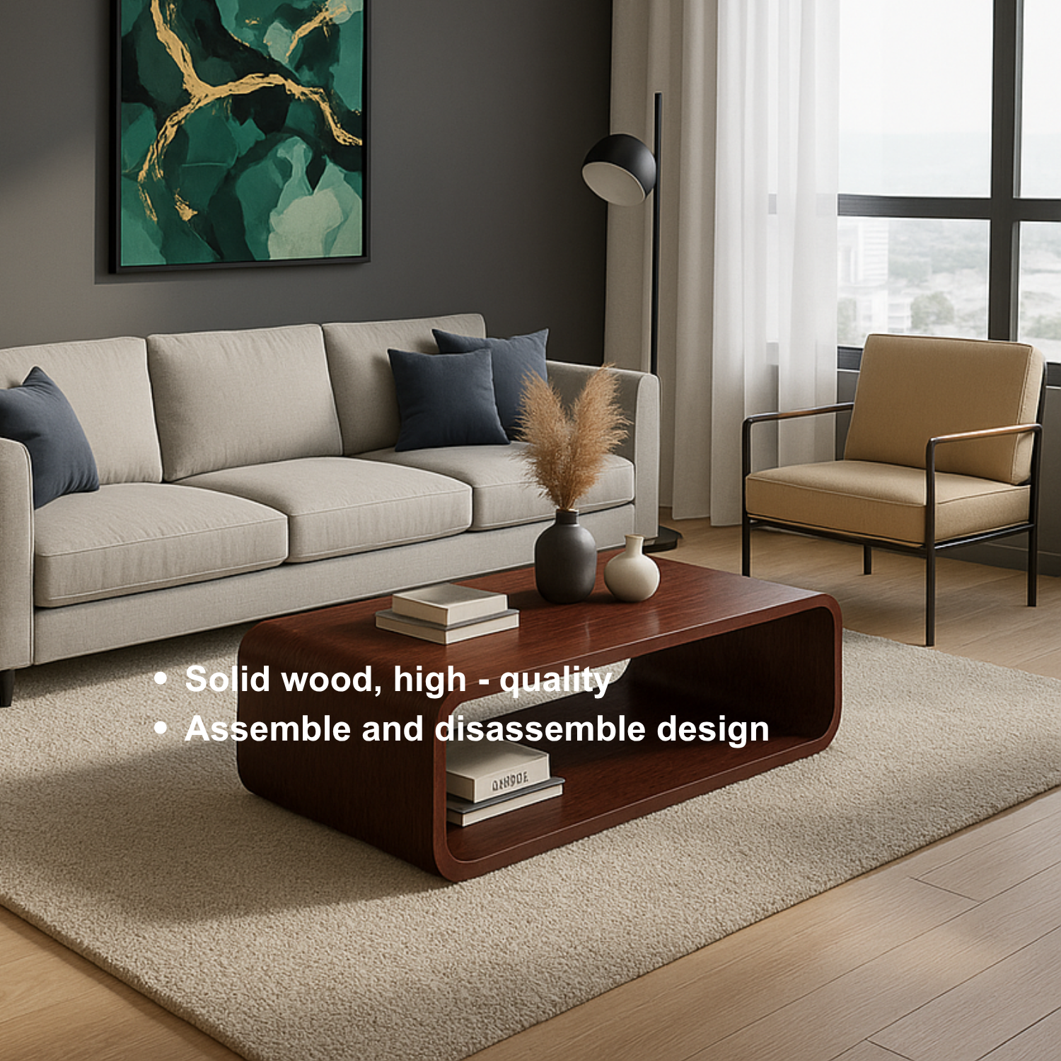Solid Wood Coffee Table with Open Shelf – Modern Low Coffee Table for Living Room Kitchnce