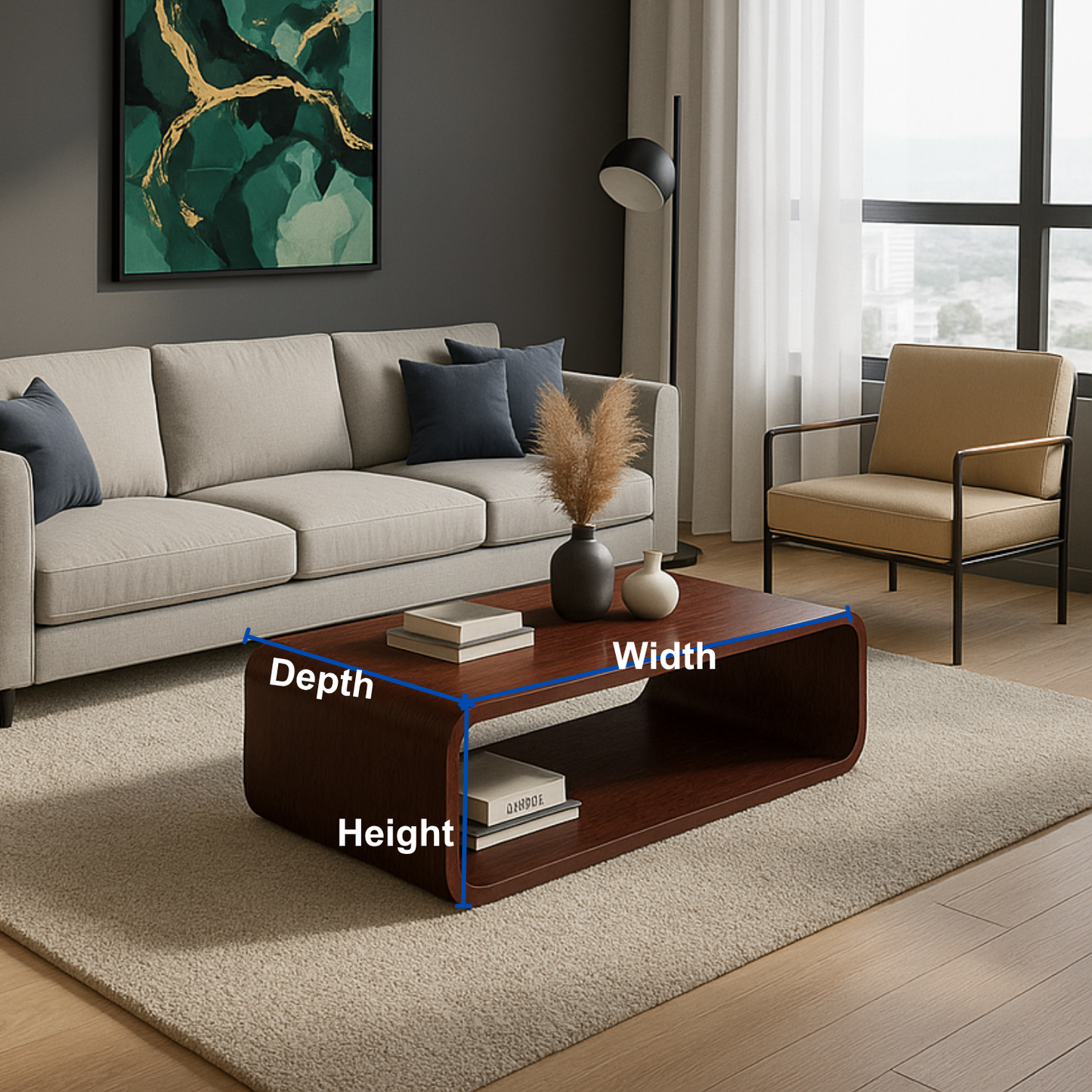Solid Wood Coffee Table with Open Shelf – Modern Low Coffee Table for Living Room Kitchnce