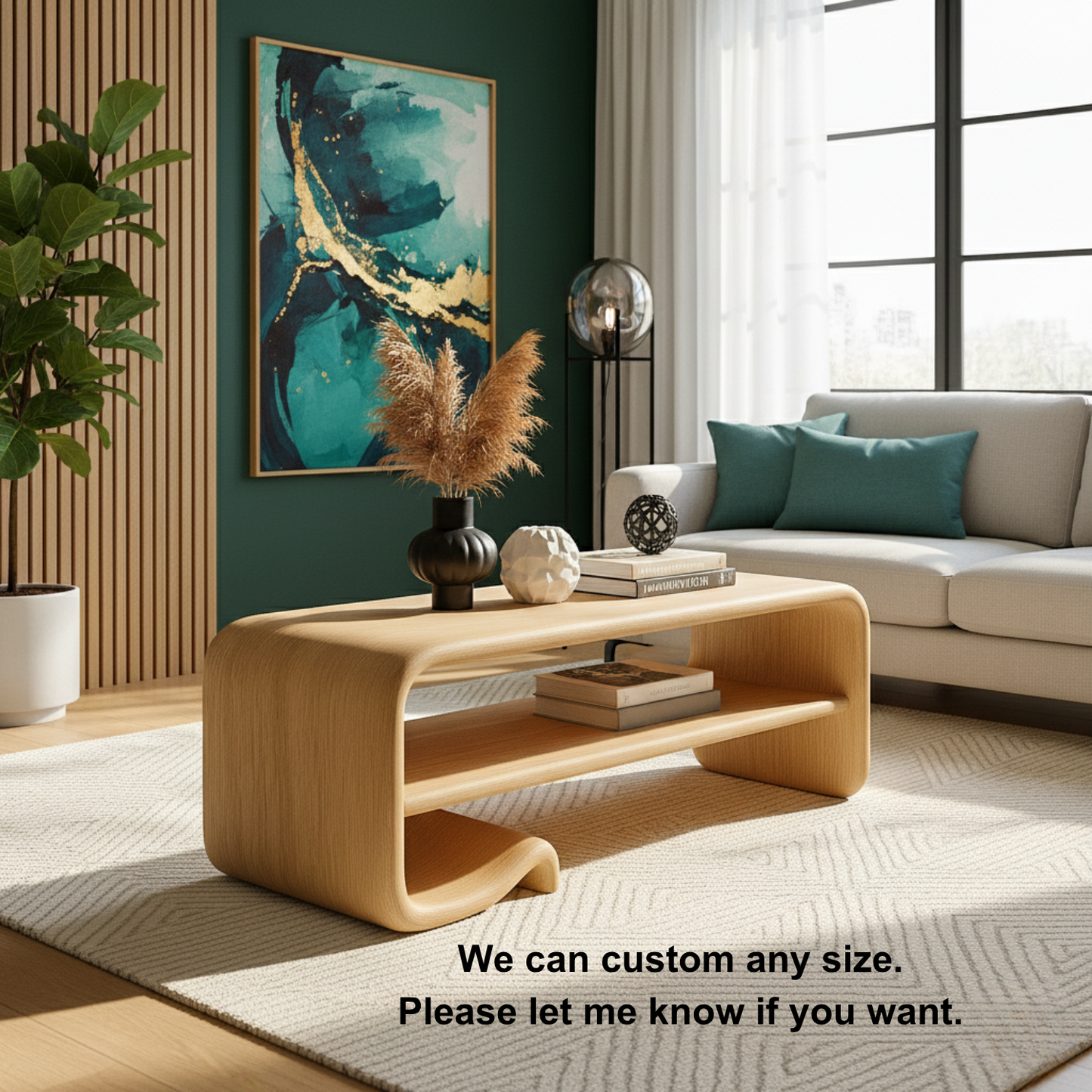 Solid Wood Coffee Table with Shelf – Modern Curved Wooden Coffee Table for Living Room Kitchnce