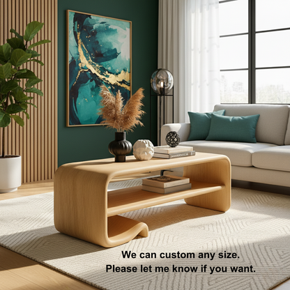 Solid Wood Coffee Table with Shelf – Modern Curved Wooden Coffee Table for Living Room Kitchnce