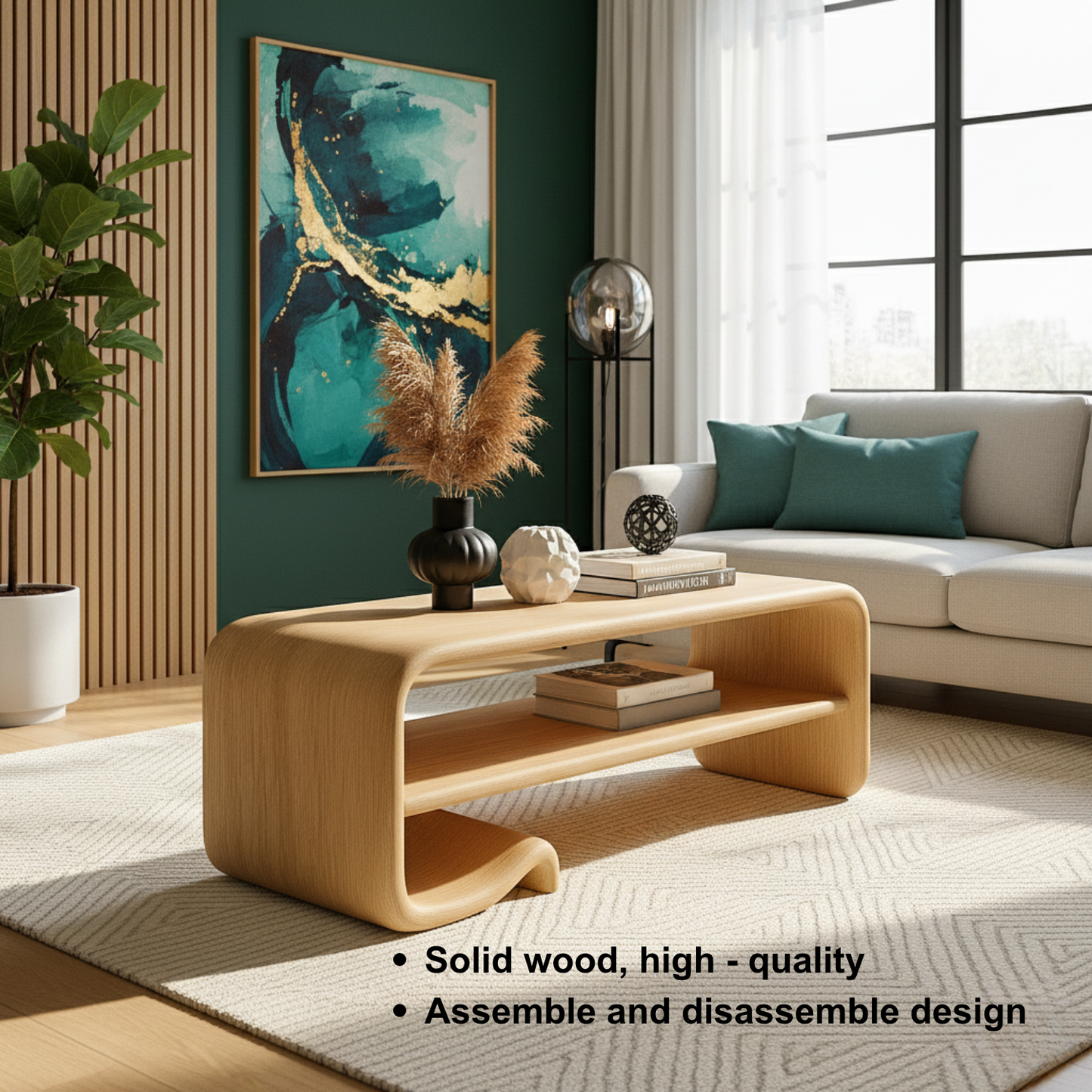 Solid Wood Coffee Table with Shelf – Modern Curved Wooden Coffee Table for Living Room Kitchnce