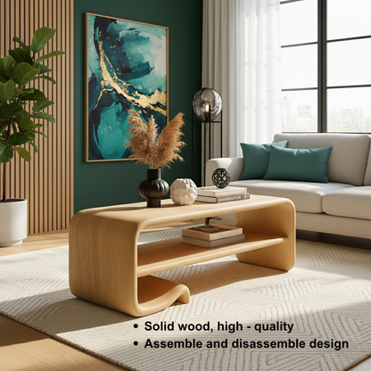 Solid Wood Coffee Table with Shelf – Modern Curved Wooden Coffee Table for Living Room Kitchnce