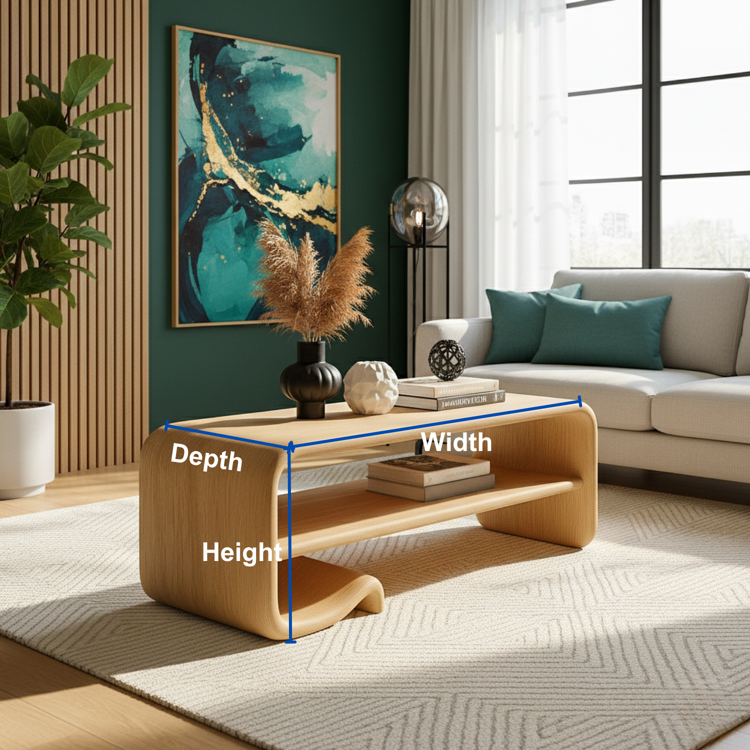 Solid Wood Coffee Table with Shelf – Modern Curved Wooden Coffee Table for Living Room Kitchnce