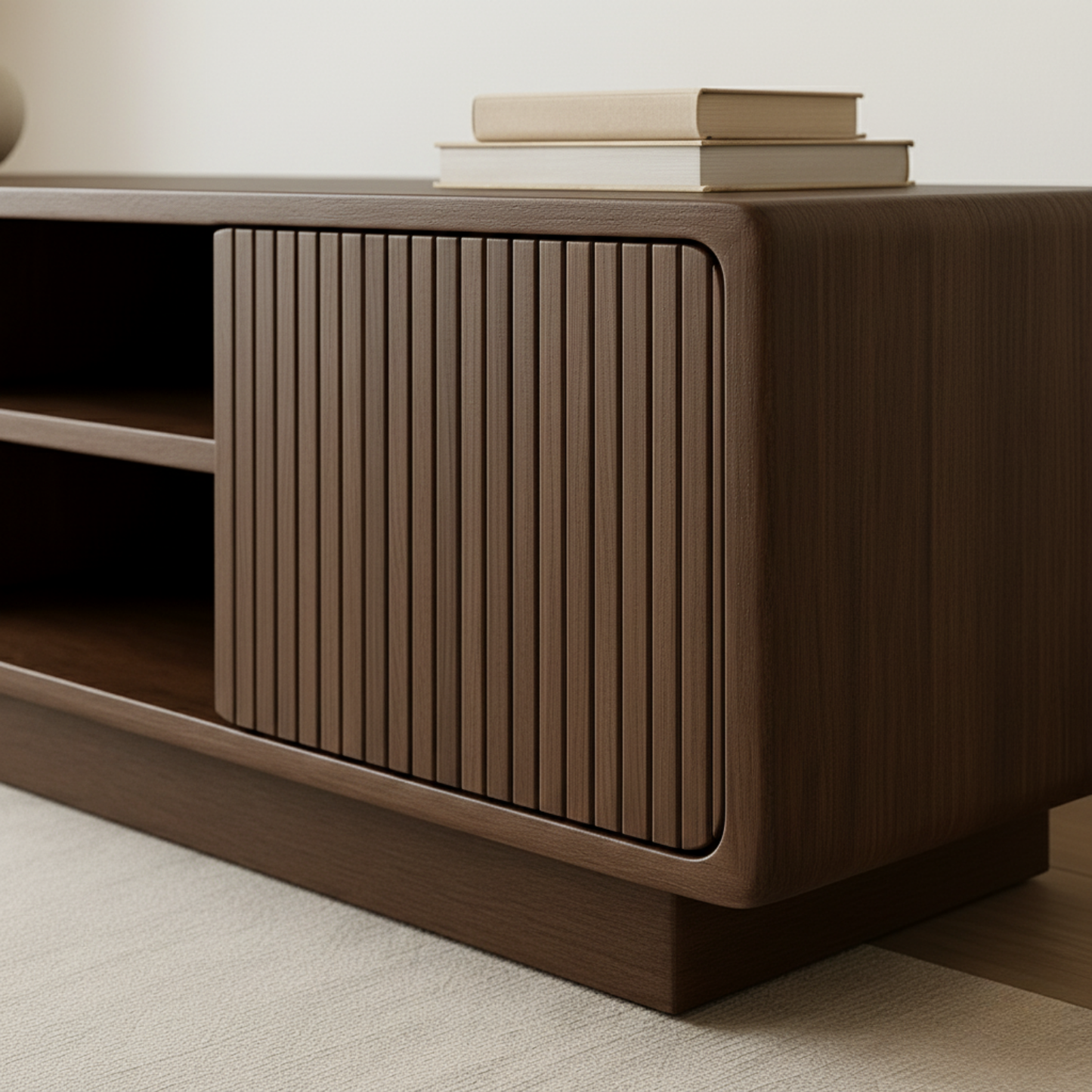 Solid Wood TV Stand with Rattan Detailing – Stylish Storage for Living Room Kitchnce