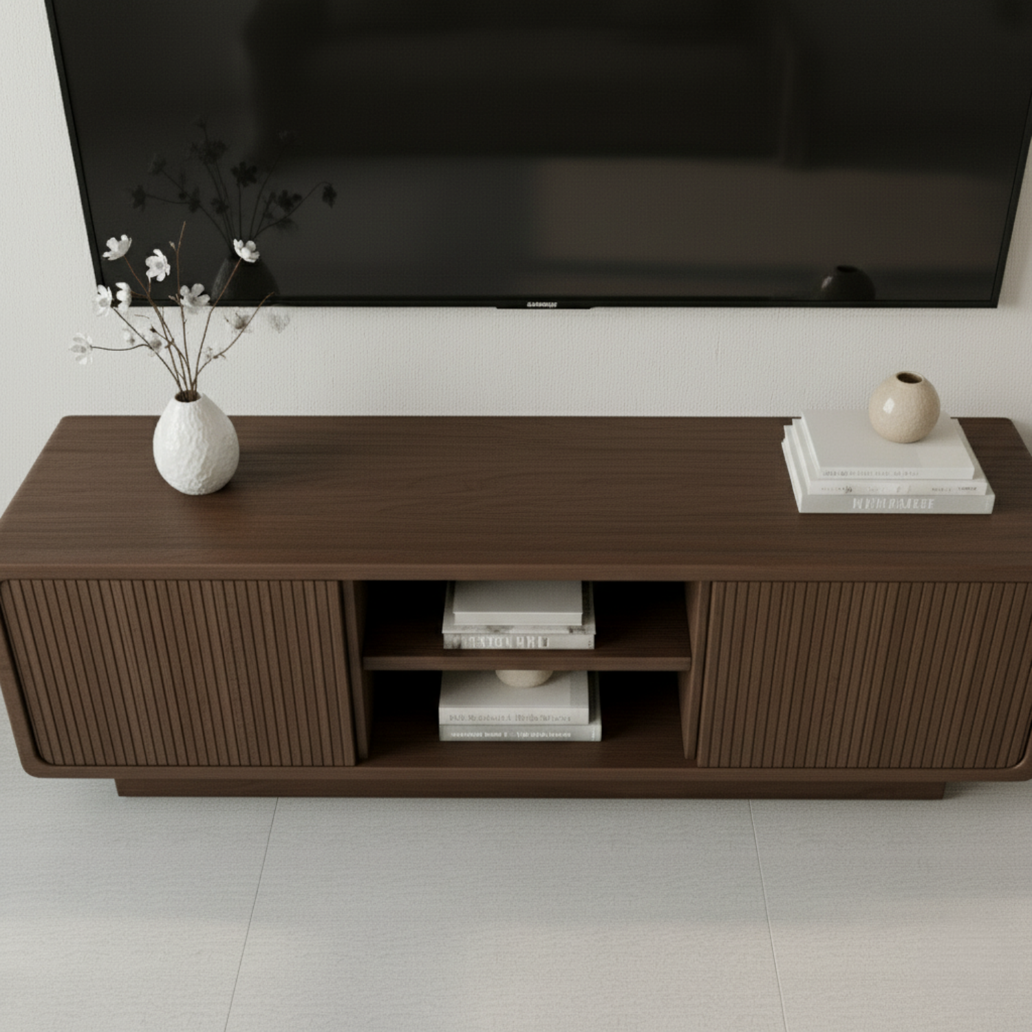 Solid Wood TV Stand with Rattan Detailing – Stylish Storage for Living Room Kitchnce