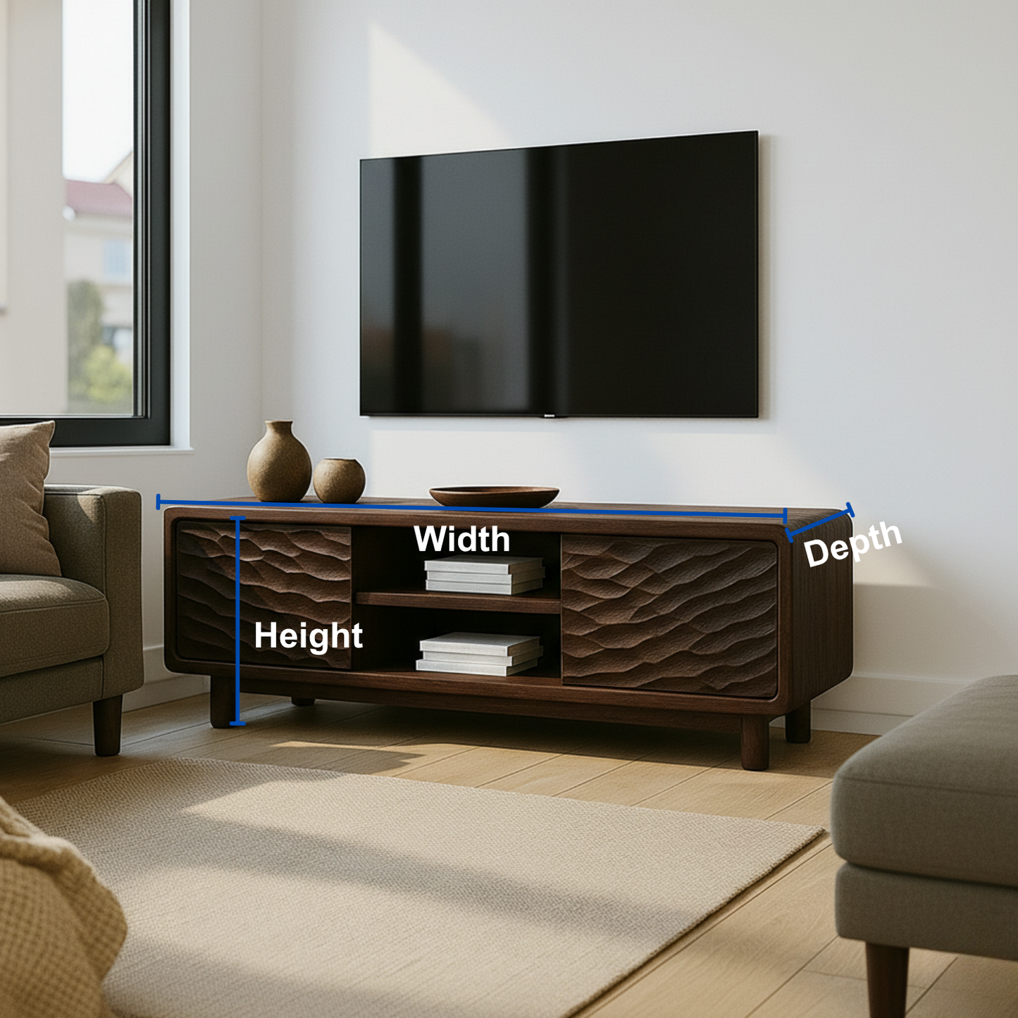 Solid Wood TV Stand with Wave-Pattern Doors & Open Shelving - Modern Living Room Design Kitchnce